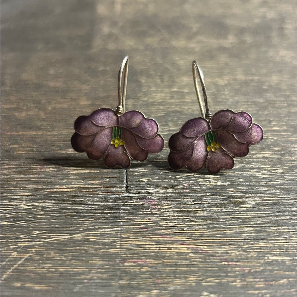 VTG Shashi 24k Vermeil Sterling Silver Purple Cloisonné Enamel Flower Earrings
